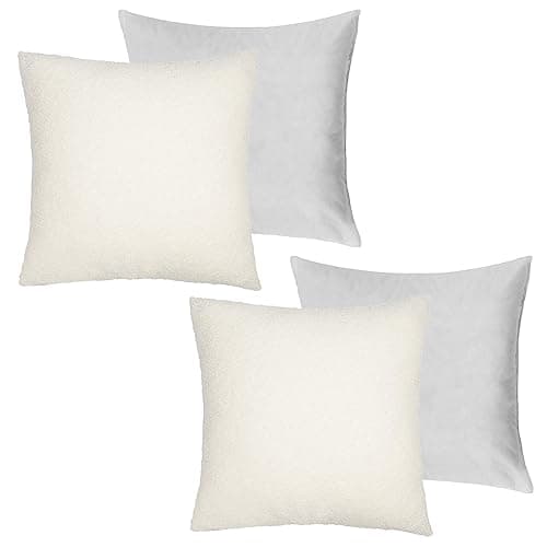 Image of Highams Cream Teddy Fleece Boucle Cushions with Sofa Seat Covers Included, Pack of 2 Soft Throw Pillow Cushion Pads for Living Room