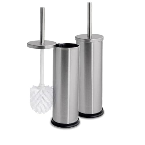 Image of Harbour Housewares Toilet Brush and Holders - Brushed - Pack of 2 - Round Toilet Bowl Brush & Holder Stainless Steel Bathroom Deep Cleaning Scrub
