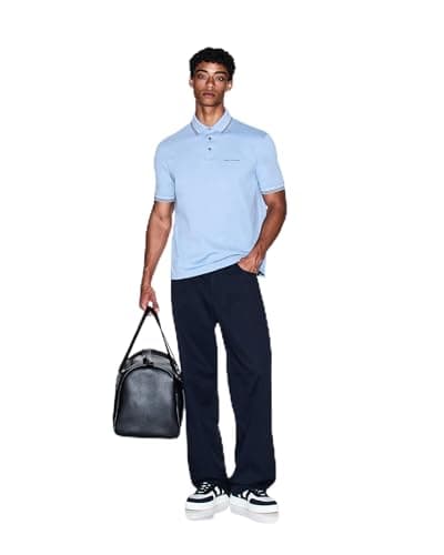 Image of Armani Exchange Men's Small Text Logo Pique Polo Shirt, Faded Denim, L