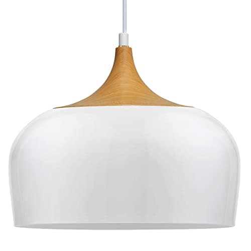 Image of 1 Light Pendant Ceiling Light Gloss White Lamp Shade Wood Effect Fitting, Modern Contemporary Kitchen Island Lighting H3048