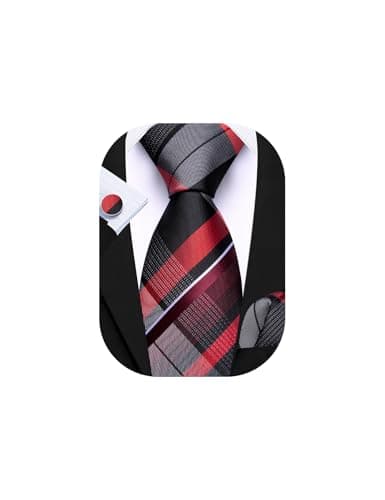 Image of Barry.Wang Men's Red Black Tie Silk Tartan Necktie Plaid Pocket Square Cuff Links Sets Wedding Business