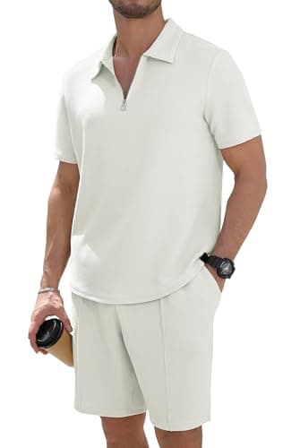 Image of Anelune Men's 2 Piece Tracksuit Set - Short Sleeve Polo Gym Top & Drawstring Shorts for Casual, Running & Activewear White L