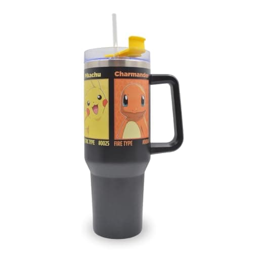 Image of HOX Pokemon 40oz (1200ml) Insulated Tumbler Stainless Steel Cup with Straw and Handle for Water, Iced Tea, Coffee or Smoothie, Black