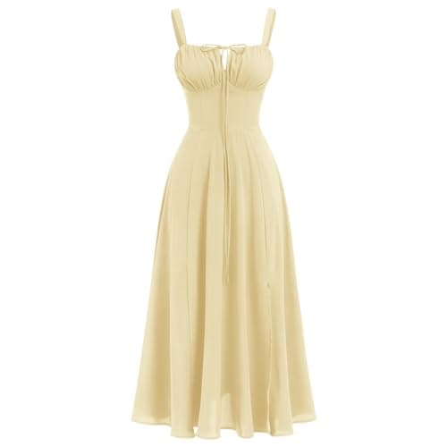 Image of IBAKOM Women's Summer Spaghetti Strap Dress Spring Boho Front Slit Swing Midi Sundress Party Holiday Beach Dress Yellow M