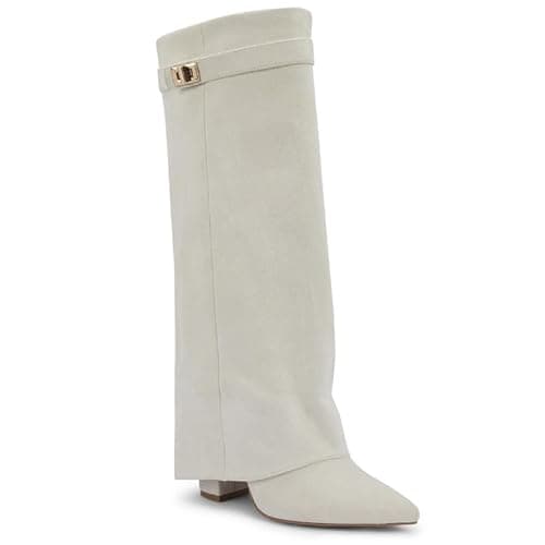 Image of sole london LADIES Women's KNEE HIGH Fold Over Buckle Fashion Zip Pointed Block Heel Boots – Stylish Ruched Design – Comfortable Mid-Block Heel (4 INCH)– Faux Leather & Faux Suede_BEIGE SUEDE 6