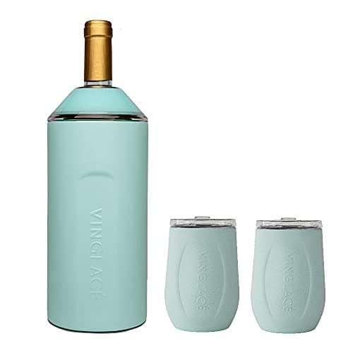 Image of Vinglacé Wine Bottle Chiller Gift Set- Portable Stainless Steel Wine Cooler with 2 Stemless Wine Glasses, Sea Glass