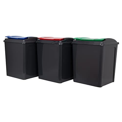 Image of Wham 3 Piece 50L Plastic Recycle Bin Graphite/Assorted (Red/Blue/Green Lids)