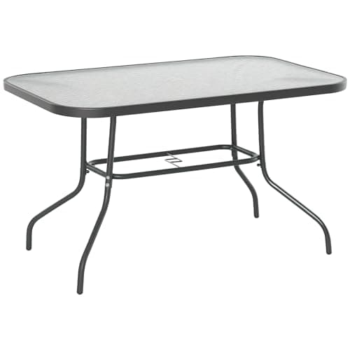 Image of Outsunny Garden Dining Table Glass Top Metal Frame with Parasol Hole Outdoor Balcony Grey 120L x 80Wcm