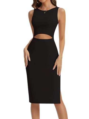 Image of SHAPERIN Women Bodycon Midi Dress Cutout Crew Neck Tank Dress with Side Slit Ribbed Casual Summer Dresses, Black, M