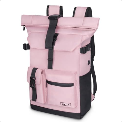 Image of KYYLZ 28 L Roll Top Backpack Mens, Large Waterproof Rucksack Womens, School Bag with Laptop Compartment 17 inch, Waterproof Backpack for Travelling Rucksack for University bag Business Sports, Pink