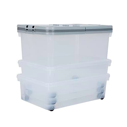 Image of Wham Wheel 3-Piece Multisize Storage Box Set with Folding Lids & Wheels | 32L, 45L & 80L | Ideal for Home, Office, Toys & More | Medium & Large Boxes | Made in UK - Clear/Cool Grey