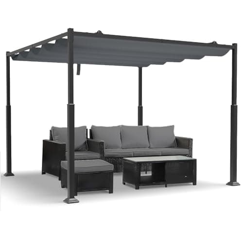 Image of VOUNOT Pergola Garden Gazebo 3x3m, Waterproof, Stable, Winterproof, Metal Pavillon with Freestanding Canopy Retractable Sun Shade for Garden, Terrace and Balcony, Dark Grey