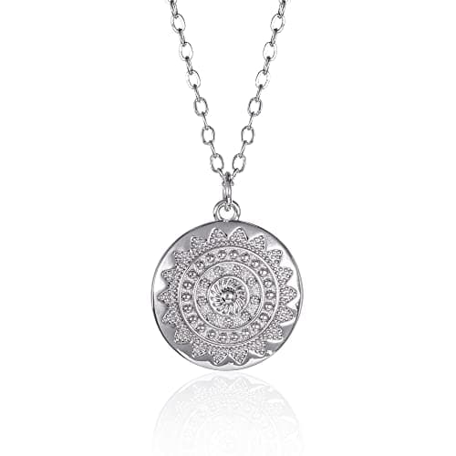 Image of ZAVANA Round Disc Mandala Necklace, Silver Chain with Silver Disc Mandala Pendant. Dainty Necklace with Shiny Mandala Pendant for Women and teenage girls. Quality Fashion jewellery for women.