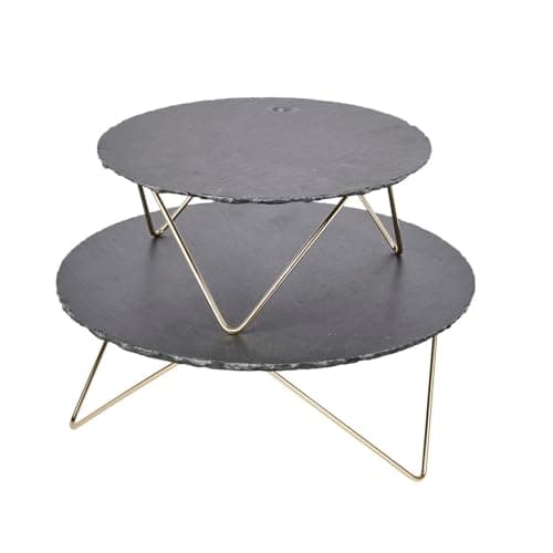 Image of Artesà Tiered Serving Platter, 2 Round Slate Serving Stands with Raised Metal Legs, For Afternoon Tea, Cheese, Cakes, Sandwiches and More, 30.5 x 30.5 x 24cm, Grey