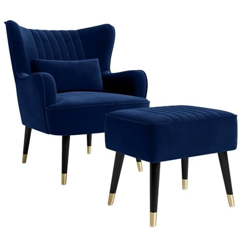 Image of Vesgantti Velvet Armchair with Footstool and Lumbar Pillow, Modern Wing Back Accent Chair with Ottoman, Large Cuddle Chair for Living Room Bedroom Study Room Office(Blue)