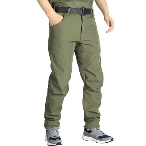 Image of Fleece Thermal Lined Work Trousers Mens Cargo - Waterproof Fleece Lined Trousers for Men - Straight Leg Joggers Winterpants Elasticated Waist Pants Trouser Cargo Workpants Walkingtrousers Green