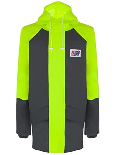 Image of Stormline Stormtex-Air 203A Waterproof PVC Jacket – Lightweight Commercial Fishing Raincoat – 340gsm Oil-Resistant Workwear with Elastic Cuffs, Hood & Pockets – Marine & Industrial Use Grey/Neon (L)