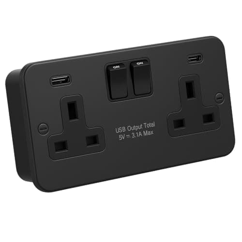 Image of SH|P® 2 Gang Switched Socket with USB A+C (15W Fast Charge) – Matt Black Metal Clad | Durable, Industrial Finish | Ideal for Home, Garage, Workshop & Commercial Use
