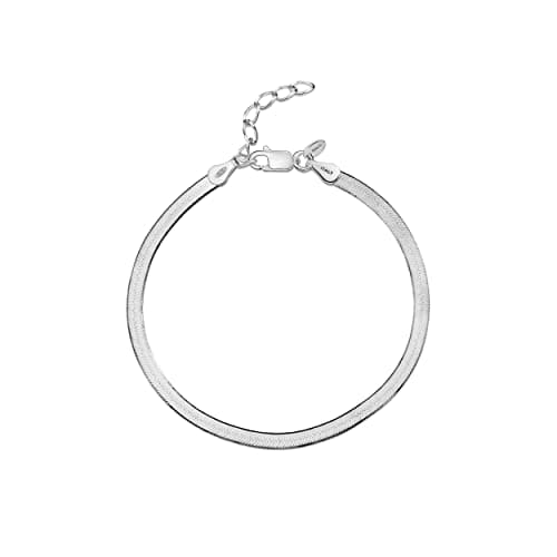 Image of Amberta Women 925 Sterling Silver Flat Snake Bracelet: 3 mm Silver Herringbone Bracelet 8 inch