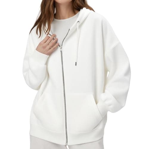 Image of JiaYouLC Women's Lightweight Hoodie with Pockets Solid Color Long Sleeve Zip Up Sweatshirt for Ladies UK (UK, Alpha, L, Regular, Regular, White)