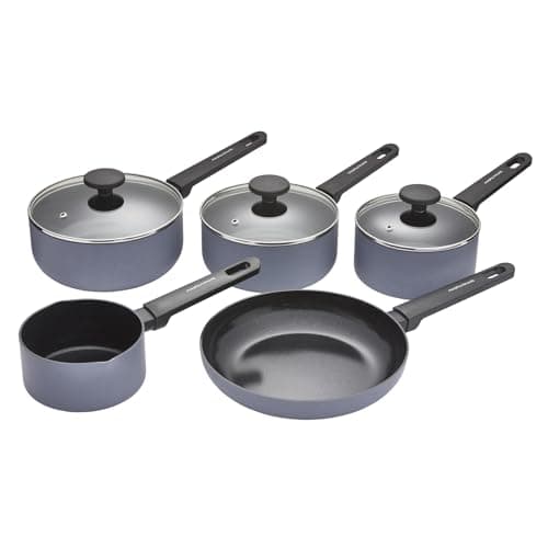 Image of Morphy Richards 5-Piece Saucepan Set, Recycled Aluminium, 14cm Milk Pan, 23cm Frying Pan, 16cm, 18cm & 20cm Saucepan, Non Stick Coating, Soft Touch Handles, Suitable for All Hobs, Grey