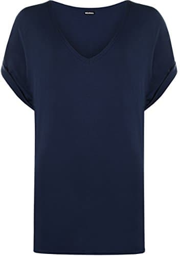 Image of WearAll Women's New Plus Size Womens Short Turn Up Sleeve Baggy Plain Top Ladies V-Neck T-Shirt - Navy Blue - 20-22