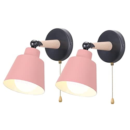 Image of iDEGU Set of 2 Wall Lights, Indoor Retro Wall Lamp Made of Wood and Metal with Switch, Adjustable Wall Spotlight, Modern Wall Light for Bedroom, Hallway, Entrance, Living Room (Matt Pink)