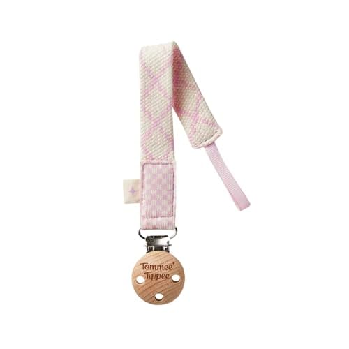 Image of Tommee Tippee Comforter Clip, 0+ Months, 1 Pack, Organic Cotton, Compatible with Any Soother, Loop-on Design, Natural Beech Wood and Stainless Steel Soother Clip, Pink