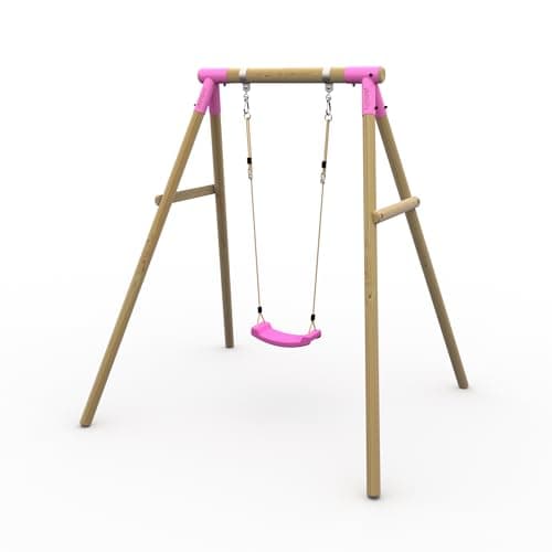Image of Plum Play Kids Outdoor Wooden Round Pole Swings with Ground Anchors Included - Suitable for up to 50kg per accessory - Up to 5 year Warranty (Single Pink Bush Baby)