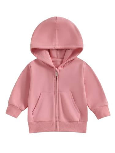 Image of Dubute Toddler Baby Boy Girl Zip Up Hoodie Jacket Solid Color Sweatshirt Kids Outerwear Winter Clothes with Pockets (Pink, 18-24 Months)
