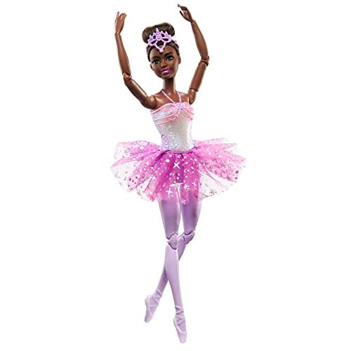 Image of Barbie Dreamtopia Twinkle Lights Ballerina Doll with Brunette Hair & Light-Up Feature Wearing Removable Headband & Purple Tutu, HLC26
