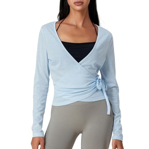 Image of LYSINK Women’s Cross Wrap Tie Tops Long Sleeve Deep V Neck Solid Color Slim Fit T-Shirts Yoga Pilates Ballet Workout Tops (Ba Light Blue, S)