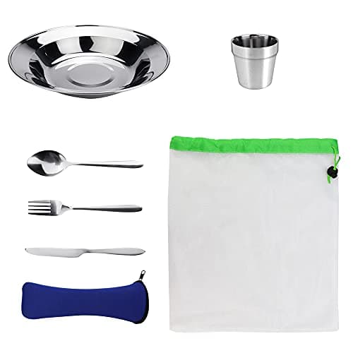Image of EMAGEREN 7 in 1 Camping Cutlery Set - Stainless Steel Utensils Tableware Mess Kit Complete Dinnerware Set Includes Plate Bowl Cup Spoon Fork Knife Mesh Travel Bag for Backpacking