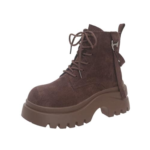 Image of Women's Lace up Ankle Boots with Zip Thick Sole Chunky Heel Round Toe Leather Combat Booties Platform Ladies Biker Flat Low Heel Walking Hiking Boots Durable Comfy Non Slip Warm Booties