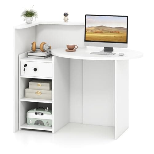 Image of COSTWAY Reception Desk, Front Counter Desk with Lockable Drawer and Adjustable Shelf, Corner Cashier Retail Checkout Table Computer Desk for Beauty Salon Lobby (White, Right Tabletop)