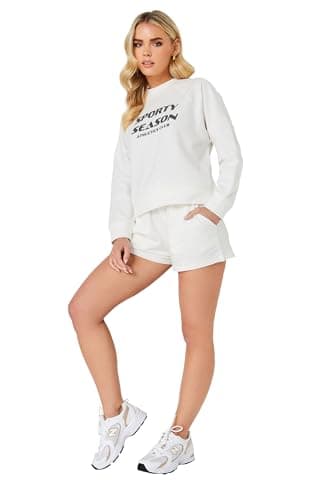 Image of PixieGirl Petite Ivory White 'Sporty Season' Slogan Cotton Cropped Sweatshirt Petite