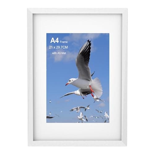 Image of Szyeequoo A4 Picture Frame White, A4 Photo Frame with Mount for A4 or A5, Acrylic Front Safer Than Glass, Wall & Tabletop Display, Horizontal or Vertical, 21 x 29.7 cm