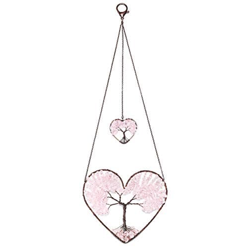Image of Jovivi Rose Quartz Heart Tree of Life Dream Catcher Hanging Ornament Bohemian Pink Double Hearts Tree of Life Crystal Window Car Wall Art Hanging Decorations for Home Bedroom Decor