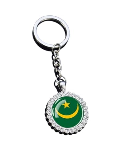 Image of Heiorpai 1PCS Periphery Inlaid Rhinestones Stainless Steel Country Flag Keychain Metal Key Chain Key Ring, Green Mauritania, One size