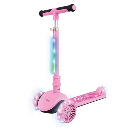 Image of Zinc 3 Wheel Folding Led Shine Scooter for Kids, Light Up Stem with 20 Light Functions, Folding, Non-Slip Grips, Adjustable Handlebar, Pink