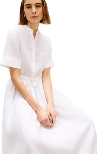 Image of Tommy Hilfiger Women's Ess Linen Midi Ss Shirt Dress WW0WW49633, White, L