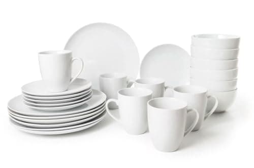 Image of 24PC Dinnerware Porcelain White Set: 6 Dinner Plates, 6 Side Plates, 6 Bowls & 6 Mugs. Dishwasher & Microwave Safe.