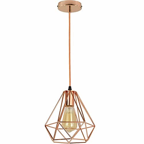 Image of LEDSone Vintage Industrial Metal Rose Gold Hanging Indoor Ceiling Pendant Light Diamond Cage for Kitchen, Living Room, Lounge, Shop (with Bulb)