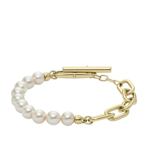 Image of Fossil Women's Heritage Pearl D-Link Gold-Tone Stainless Steel Chain Bracelet, JF04729710