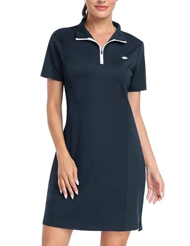 Image of JINSHI Women's Golf Tennis Dress Short Sleeve Casual Sports Workout Athletic Polo Dresses with Zip Pockets Pockets Navy Size US M