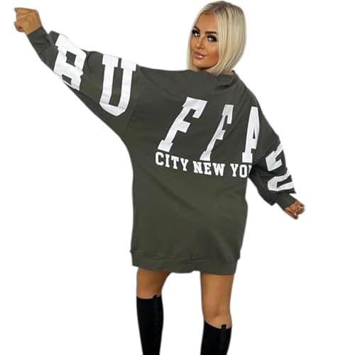 Image of Women Sweatshirt Buffalo Long Sleeve Casual Crew Neck Pullover City New York Slogan Sweatshirts for Women Print Oversized Jumper Dress Ladies Tops (Khaki, UK 8-16)