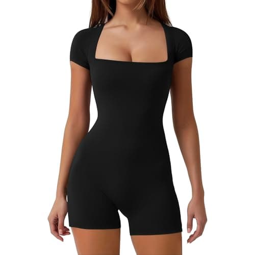 Image of Hybursky Gym Jumpsuit for Women Short Sleeve Bodycon Bodysuit Seamless Square Neck Sexy Yoga Playsuit Summer Slim Fit Scrunch Casual Playsuits Jumpsuits Workout Going Outfits, Black/M