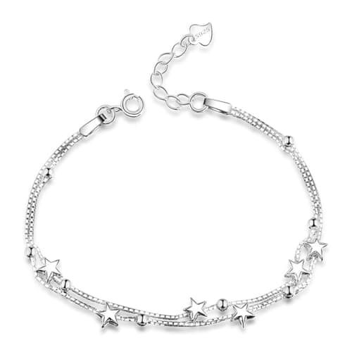Image of Tusuzik Elegant Mini Stars Beaded Charm Bracelet 925 Sterling Silver Box Chain Layered Bracelets,Adjustable Friendship Link Jewelry for Women