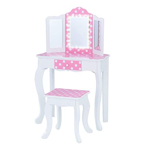 Image of Teamson Kids Princess Gisele Polka Dot Print 2-Piece Kids Wooden Play Vanity Set with Vanity Table, LED-Illuminated Tri-Fold Mirror, Storage Drawer, and Matching Stool, White with Pink Polka Dot