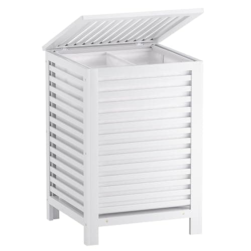 Image of SMIBUY Double Laundry Hamper with Lid, 120L Bamboo Laundry Basket with Removable Liner Bag, 2-Section Clothes Divider Laundry Sorter for Laundry Room, Bathroom, Bedroom (White)